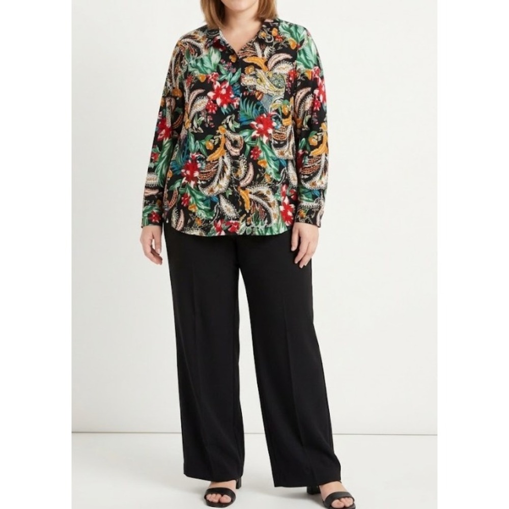 Attitudes by Renee Button Down Size XL Multi Tropical Paisley Floral Stretch